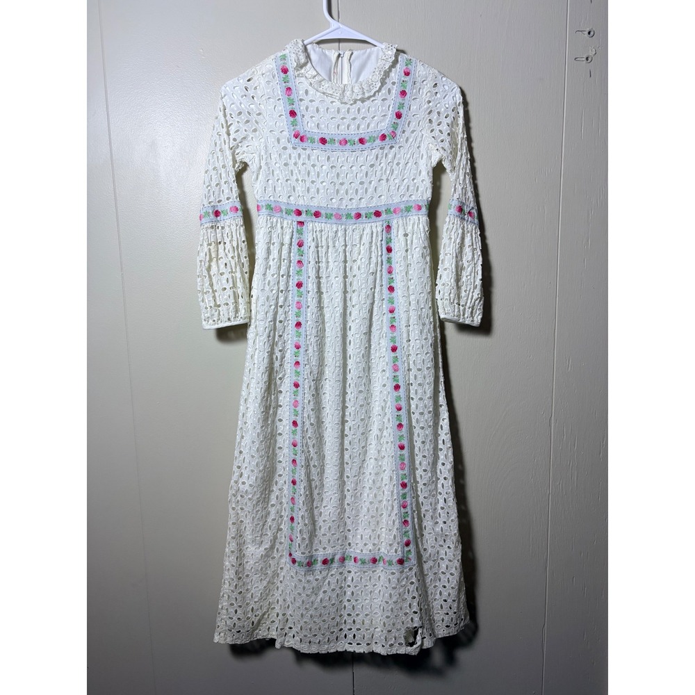 Vintage Johnston Suzanne Godart White Eyelet Lace Maxi Dress Floral Trim XS XXS